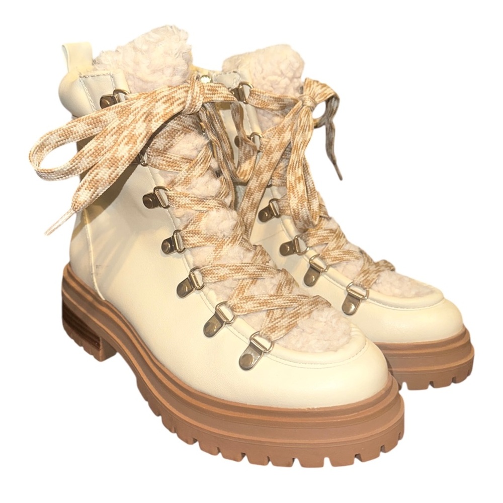 Circus by Sam Edelman Georgia Ivory Shearling Lace-Up Combat Ankle Boots Size 6 - Picture 2 of 12